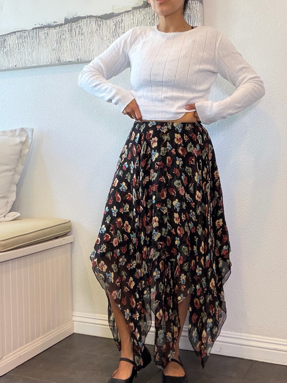 Ralph Lauren Black Floral Asymmetrical Handkerchief Hem Skirt